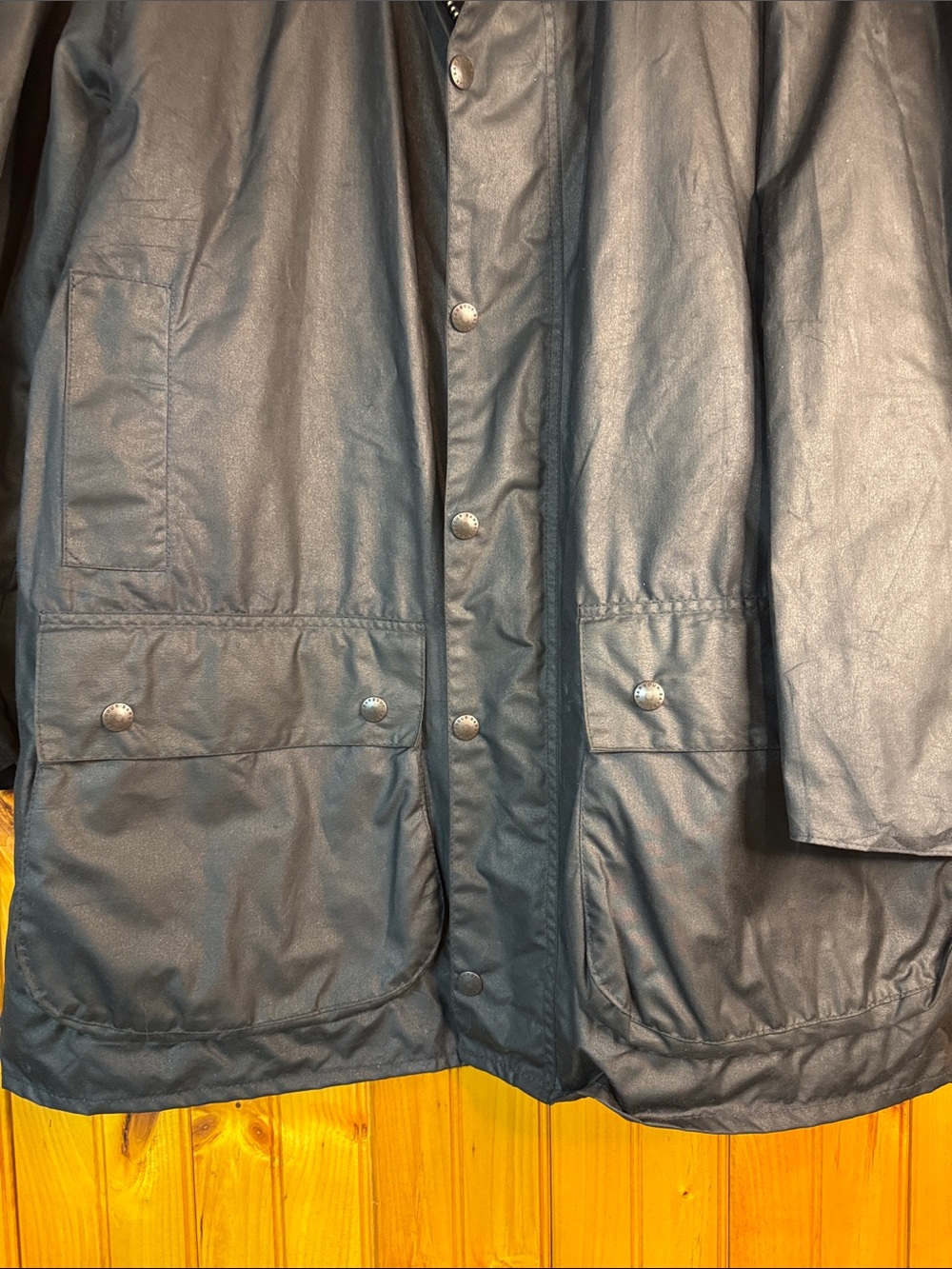 Barbour Border Wax Jacket in Navy with Corduroy Collar and Plaid Lining - Picture 6 of 16